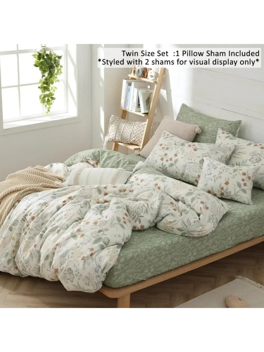 Ivory & Sage Green Floral Cotton Comforter Set - Twin Size, Cozy Bedding